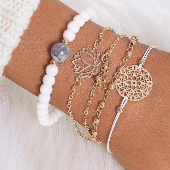 Jewelry - Lotus & Letter Detail Chain Bracelet 5pc